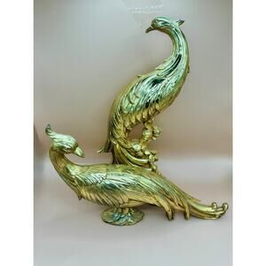 Pair of Vintage Syroco Peacock Statues, Regency Gold Gilded Birds, Pheasant